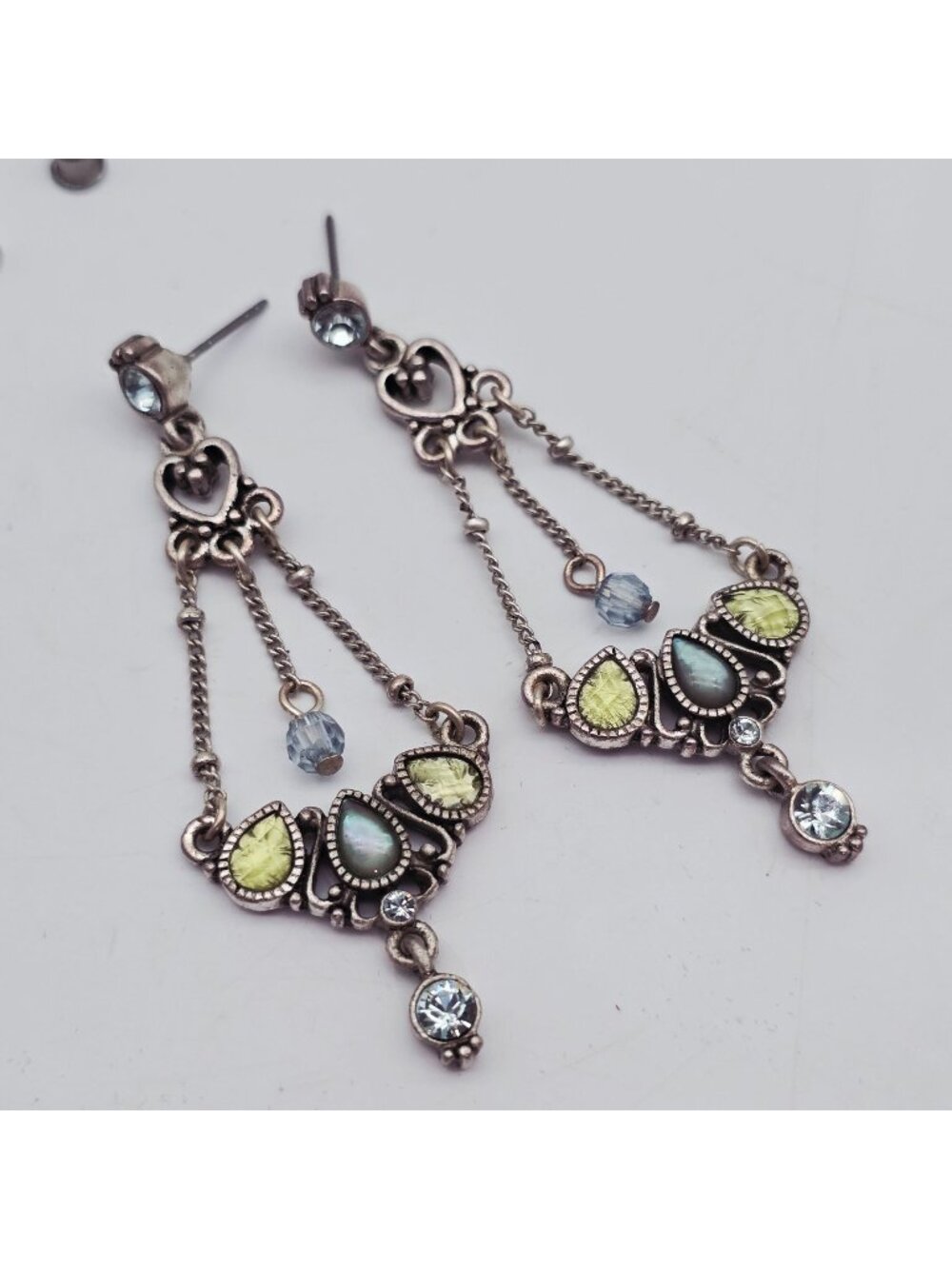 Vintage Silver-Tone Dangle Earrings With Green & Blue Glass Accents 2.5"
